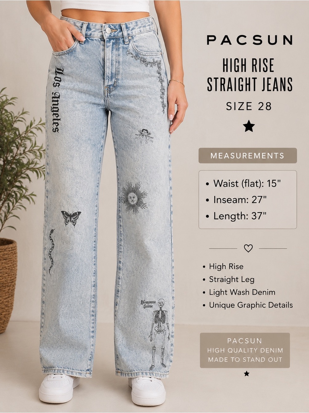 PacSun Light Blue High-Rise Straight Jeans with Black Graphic Prints